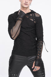 Sweat à capuche homme punk à manches longues en maille noire avec laçage